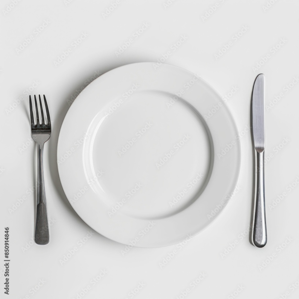 Empty White Plate with Fork and Knife. Generative ai Empty White Plate with Fork and Knife. Generative ai