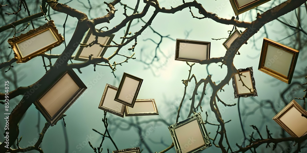 Picture frames on tree branches symbolize genealogy and family tree research. Concept Family Tree History, Picture Frames, Genealogy Research, Symbolic Tree Branches Picture frames on tree branches symbolize genealogy and family tree research. Concept Family Tree History, Picture Frames, Genealogy Research, Symbolic Tree Branches