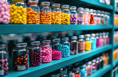 Colorful Pills in Glass Jars on Pharmacy Shelf. Generative ai