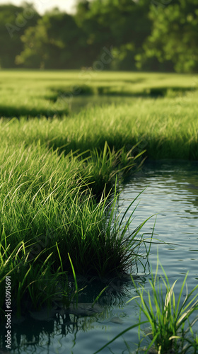  green pasture with a small pond, green grass