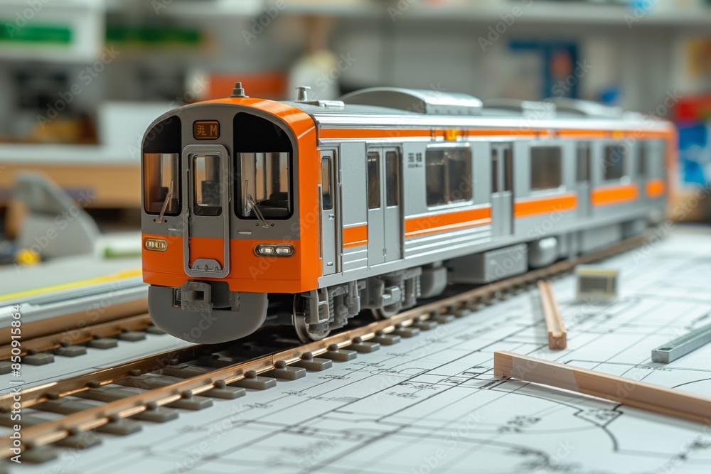 A modern design of an orange and silver scale model metro train displayed on tracks A modern design of an orange and silver scale model metro train displayed on tracks
