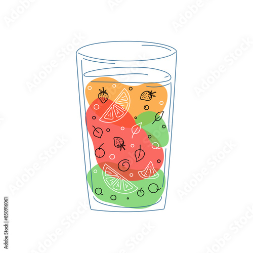 Glass, fruit juice. Food and drink, vegetarian healthy eating. Cocktail, smoothie with lemons, berries, oranges, mint leaf. Drawing, doodle. Vector illustration.