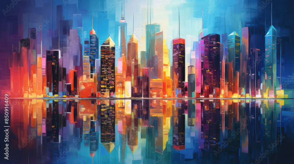 Obraz premium Abstract Cityscape Skyline at Night, with illuminated skyscrapers. Cityscape painting. Water reflection. Generative AI
