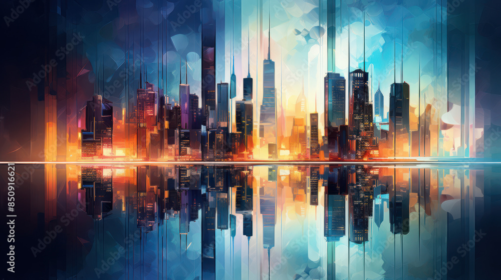 Abstract Cityscape Skyline at Night, with illuminated skyscrapers. Cityscape painting. Water reflection. Generative AI Abstract Cityscape Skyline at Night, with illuminated skyscrapers. Cityscape painting. Water reflection. Generative AI