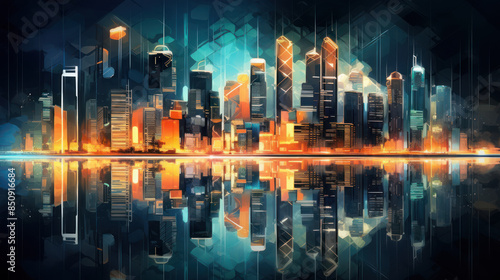 Abstract Cityscape Skyline at Night, with illuminated skyscrapers. Cityscape painting. Water reflection. Generative AI