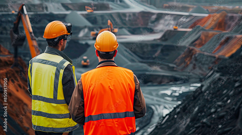 Close up of Two industrial workers in high visibility vests survey an open-pit mining operation Close up of Two industrial workers in high visibility vests survey an open-pit mining operation