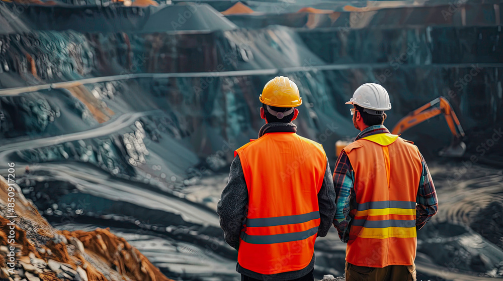 Close up of Two industrial workers in high visibility vests survey an open-pit mining operation Close up of Two industrial workers in high visibility vests survey an open-pit mining operation