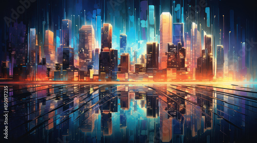 Abstract Cityscape Skyline at Night, with illuminated skyscrapers. Cityscape painting. Water reflection. Generative AI © ART STORE