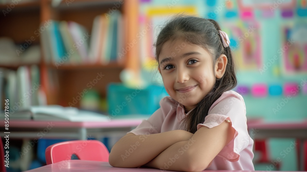 Smiling Middle Eastern Schoolgirl in Classroom, Education, Learning, Diversity, Happy Student Portrait