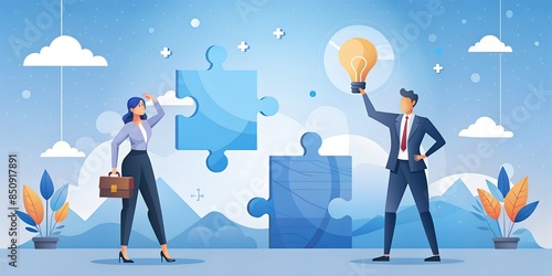 two business people are looking for a solution to solve a problem teamwork concept flat illustration and working online team. photo