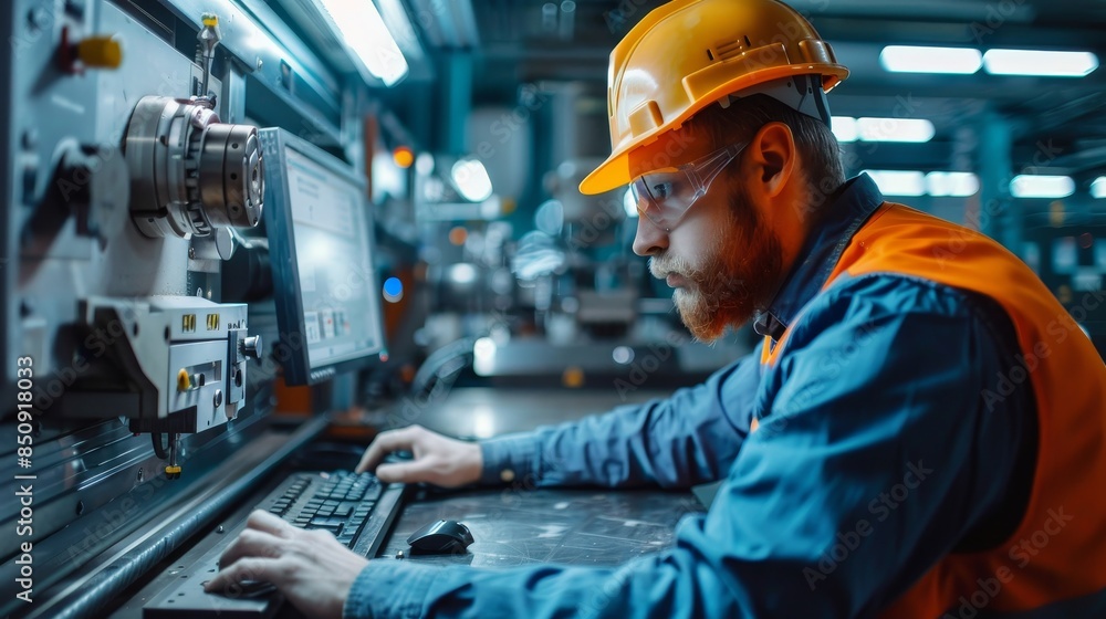 A man in a yellow helmet and orange vest is working on a computer A man in a yellow helmet and orange vest is working on a computer