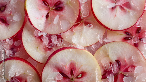 Background of beautiful apple fruit slices on frozen surface