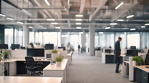 Modern Business office with blurred people, with blurred bokeh background. Modern open space office interior or call centre with blurred business people