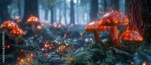 mystical view of vibrant fly agaric amidst a magical light show in the forest photo