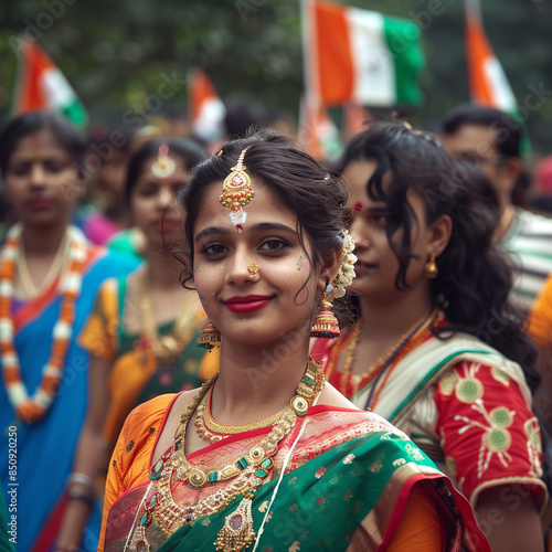 Indian People Celebrate Independence Day of India in Traditional Attire such as saris and kurtas