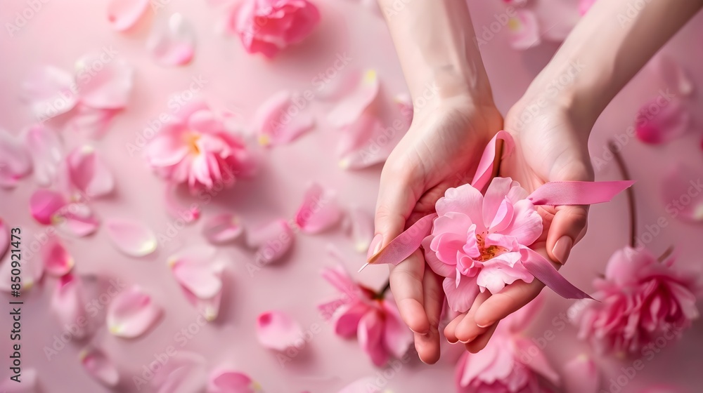 women hands holding pink rose petals with pink ribbon women hands holding pink rose petals with pink ribbon