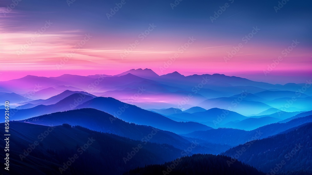 Vibrant Sunset Over Serene Mountain Landscape with Layered Hills and Pink Sky Vibrant Sunset Over Serene Mountain Landscape with Layered Hills and Pink Sky