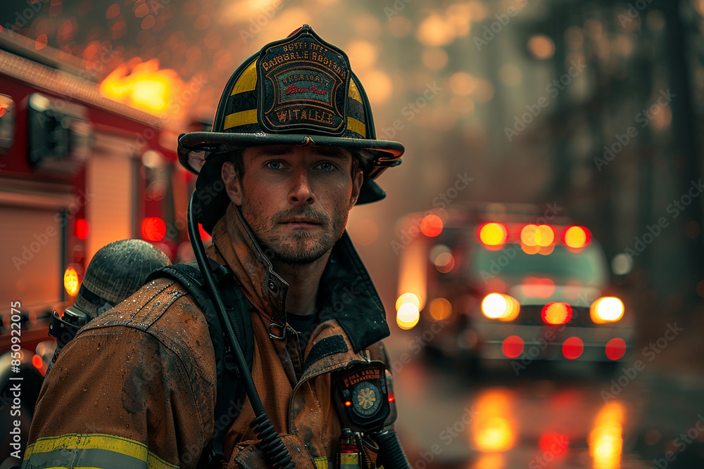 Generative AI - A fireman near a fire truck Generative AI - A fireman near a fire truck