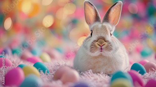 Colorful Easter Bunny with Vibrant Easter Eggs in Spring