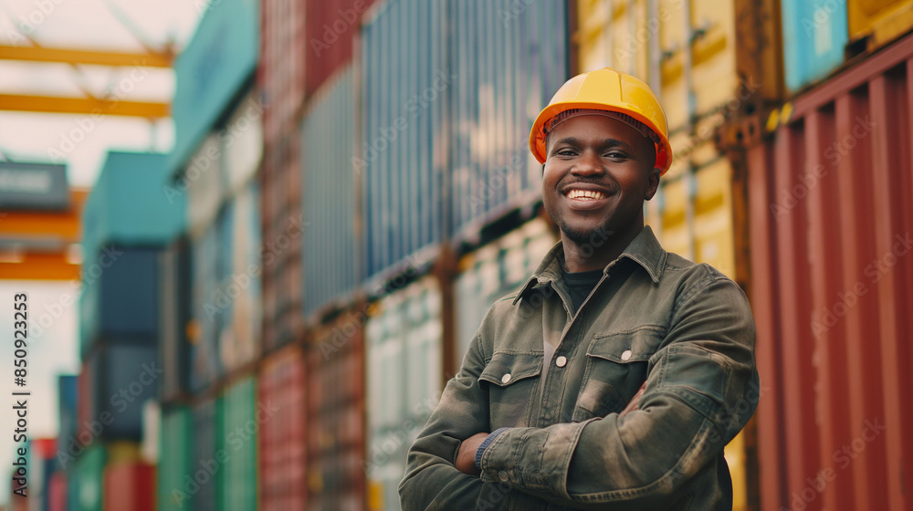 Portriat handsome male African American Industrial warehouse specialist. Black man worker wearing yellow protective hard hat helmet working at container yard. Portriat handsome male African American Industrial warehouse specialist. Black man worker wearing yellow protective hard hat helmet working at container yard.
