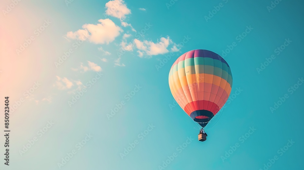 Naklejka premium Vibrant Hot Air Balloon Soaring Through a Clear Blue Sky on a Beautiful Sunny Day Adventure