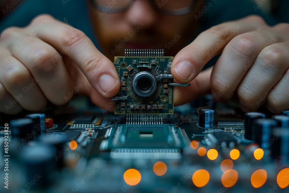 Image of the hands of a technician carefully installing or repairing a component on a green motherboard Image of the hands of a technician carefully installing or repairing a component on a green motherboard