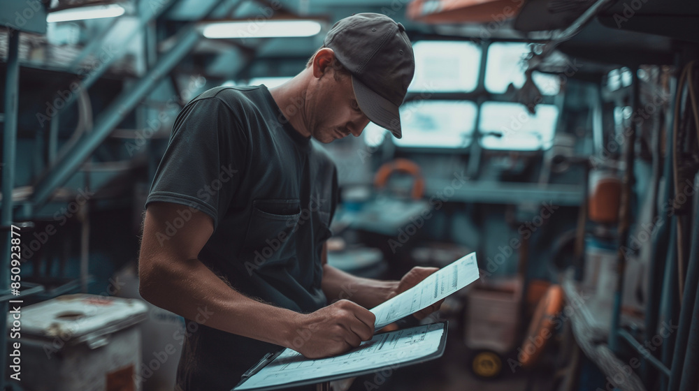 Seafarer or seaman filling checklist during work Seafarer or seaman filling checklist during work
