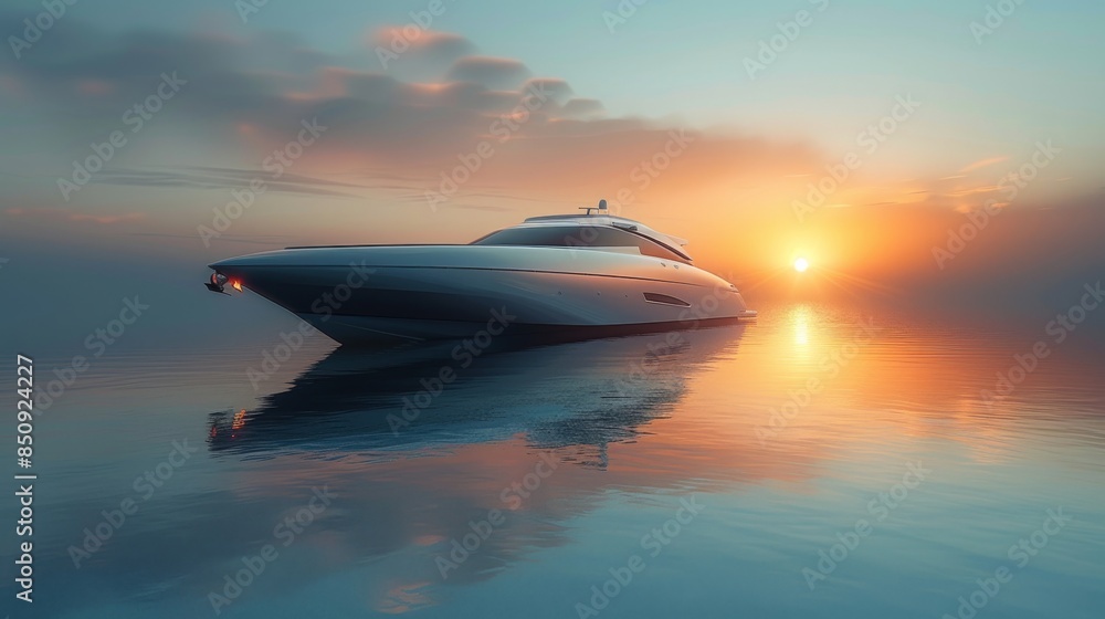 Luxury yacht sailing on calm water during golden hour sunset Luxury yacht sailing on calm water during golden hour sunset