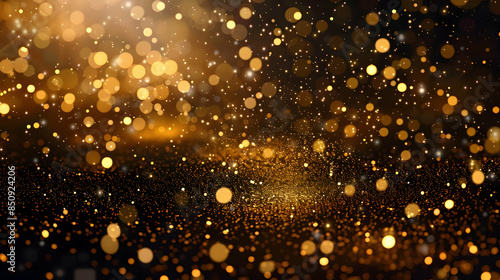 Shining golden floor particle stars dust with gold particles on black abstract background