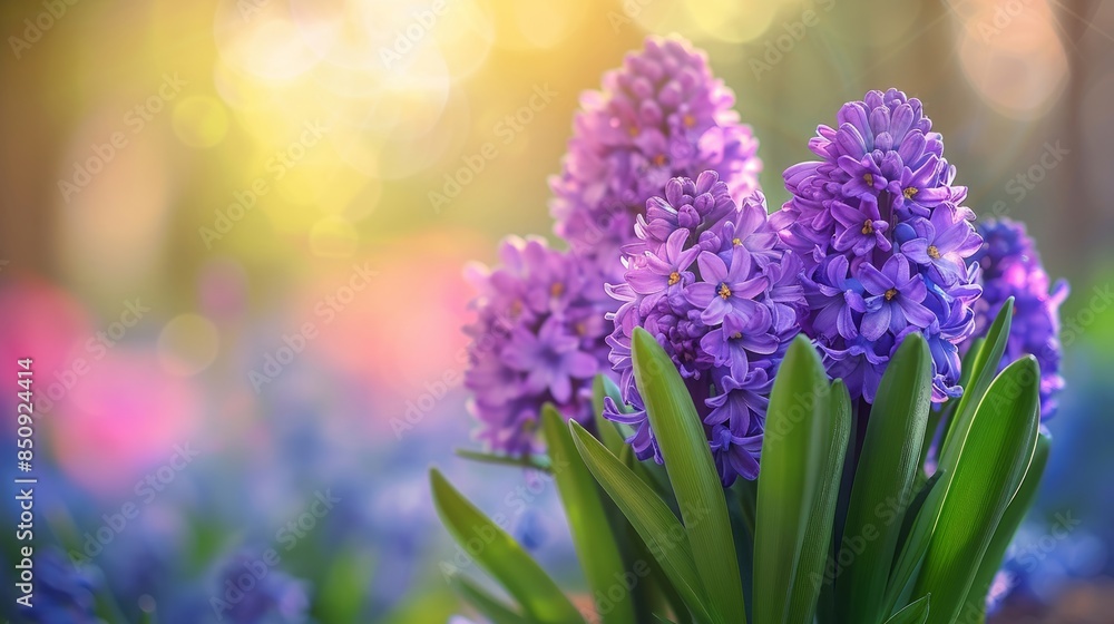 Obraz premium Lavender Hyacinths in Sunlit Garden with Bokeh Background