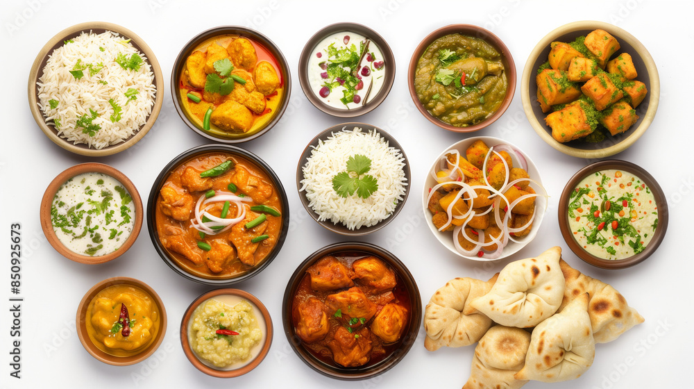 Top view collection of Indian foods isolated on a white background, including momos, butter chicken curry and rice, samosas, and pani puri Top view collection of Indian foods isolated on a white background, including momos, butter chicken curry and rice, samosas, and pani puri