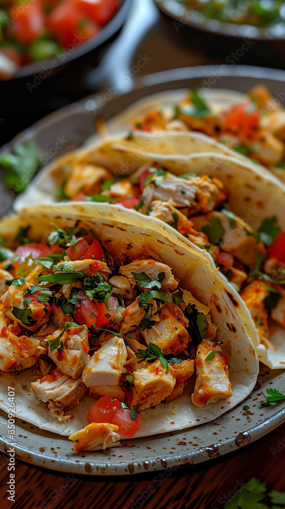 A plate of few tacos with chicken and vegetables A plate of few tacos with chicken and vegetables