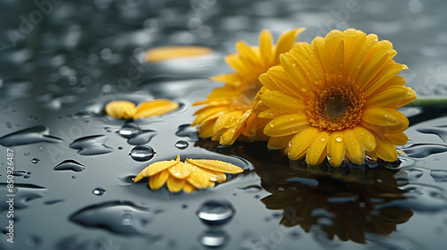 Yellow Gerbera petals flowers lying on water surface with drops, clean water with reflecting sunlight and shadows