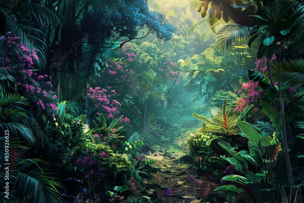 Fototapeta premium Lush greenery and vibrant flowers illuminated in a mystical twilight rainforest scene