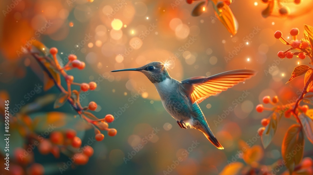 Hummingbird in Golden Light Amidst Autumn Foliage, Captured in a Dreamlike Forest Setting Hummingbird in Golden Light Amidst Autumn Foliage, Captured in a Dreamlike Forest Setting