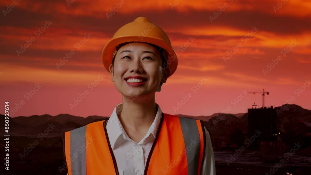 Close Up Of Asian Female Engineer With Safety Helmet Looking Around While Standing at Construction Site, Mining Machinery Close Up Of Asian Female Engineer With Safety Helmet Looking Around While Standing at Construction Site, Mining Machinery
