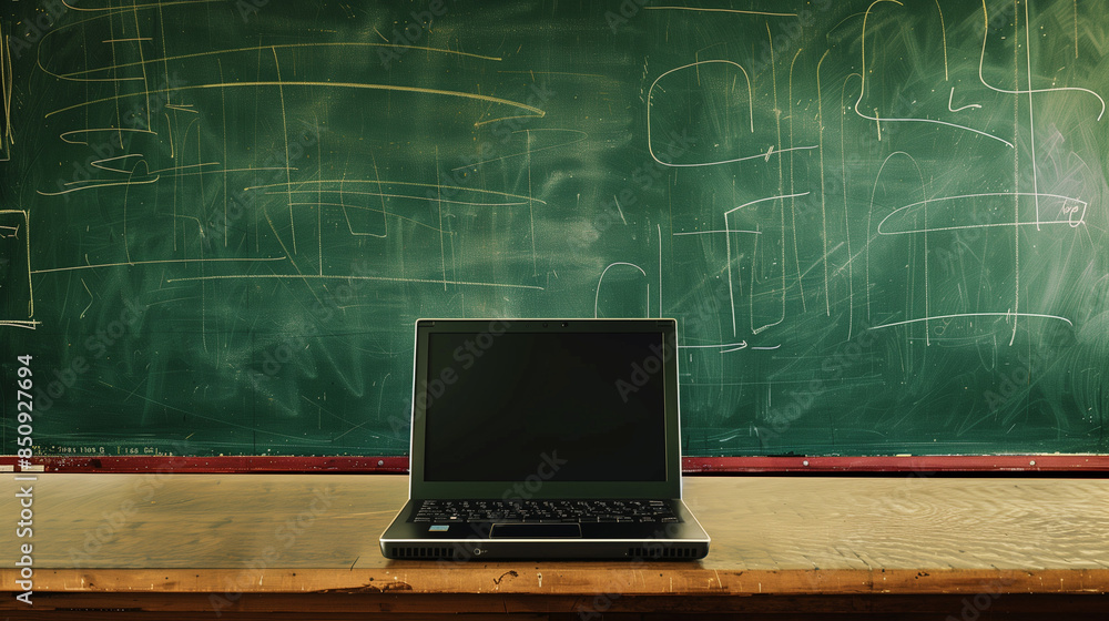 A laptop placed on a table in front of a blackboard. The computer screen shines bright light on the wooden surface, and the blackboard is filled with colorful writings and drawings. A laptop placed on a table in front of a blackboard. The computer screen shines bright light on the wooden surface, and the blackboard is filled with colorful writings and drawings.