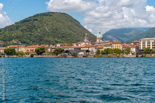 Panoramic view of the Intra town from Lake Maggiore, Verbania, Piedmont, Italy