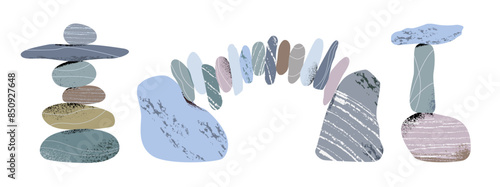 Set of stones assembled into pyramids of different shapes. Concept of balance, equilibrium, mental health, harmony in life, work, relationships. Vector illustration of sea pebbles standing in stack.