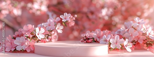 Elegant Floral Podium with Pink Blossoms. Background podium 3D spring flower. Soft pink flowers surrounding a circular podium, perfect for product display or spring-themed content.
