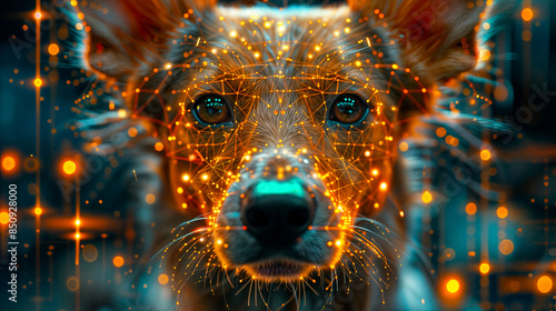 Closeup of the head of a dog wearing abstract orange cyber technology in the face