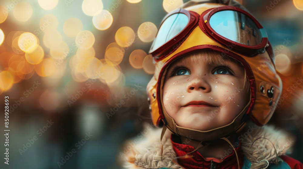 Smiling Child in Aviator Helmet with Festive Lights Costume Fun Smiling Child in Aviator Helmet with Festive Lights Costume Fun