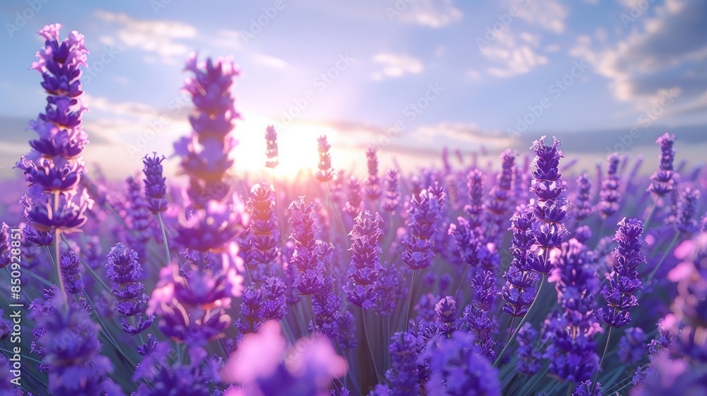 Fototapeta premium Lavender Fields in Bloom at Sunset with Soft Pastel Skies on a Tranquil Evening in Nature