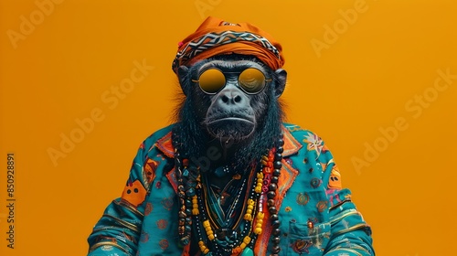 Eccentric Primate in Colorful Tribal Costume and Accessories on Orange Background