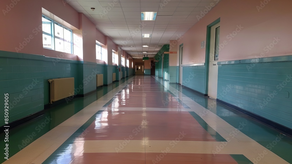 Fototapeta premium Empty school corridor with lockers and natural light, educational environment concept