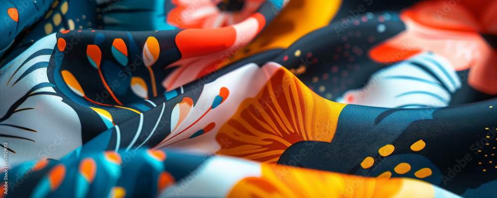 Fabric background with bold, abstract prints on polyester. Fabric background with bold, abstract prints on polyester.