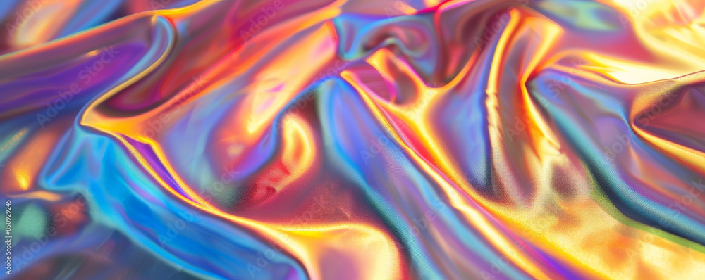 Fabric background with glossy, holographic material in rainbow hues. Fabric background with glossy, holographic material in rainbow hues.