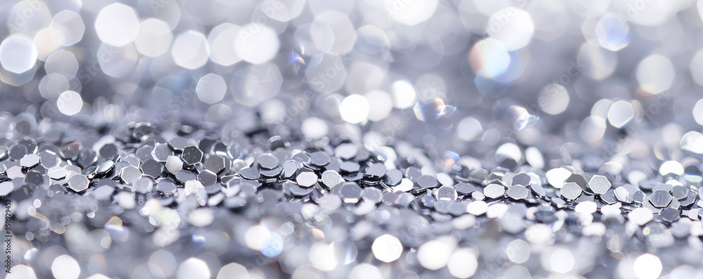 Fototapeta premium Fabric background with shimmering, metallic sequins in silver.