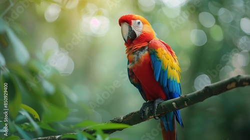 Wallpaper Mural Colorful Scarlet Macaw Parrot Sitting on a Tree Branch in Lush Forest Torontodigital.ca