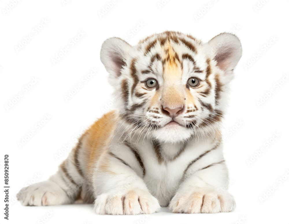 Fototapeta premium Albino Tiger baby auf vier beinen isoliert auf weißen Hintergrund, Freisteller 
